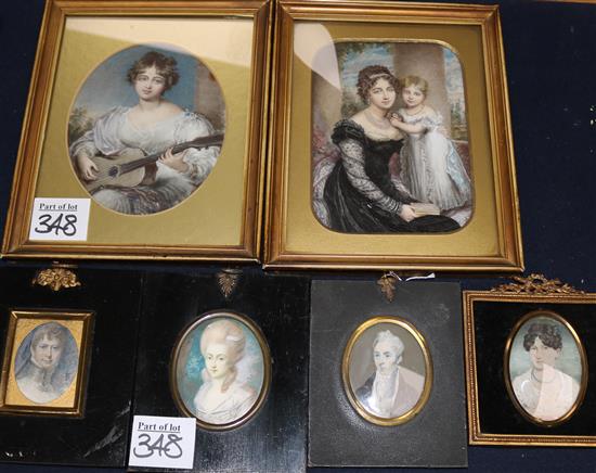 A pair of miniature watercolours and four portrait miniatures